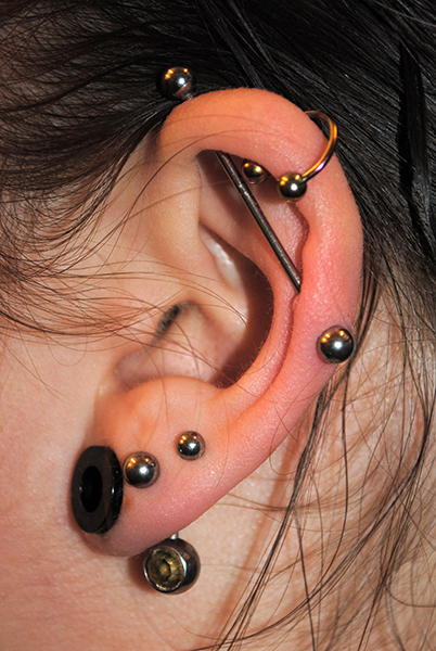 Ear featuring an Industrial piercing, cartilage and lobe as well as a plug.
